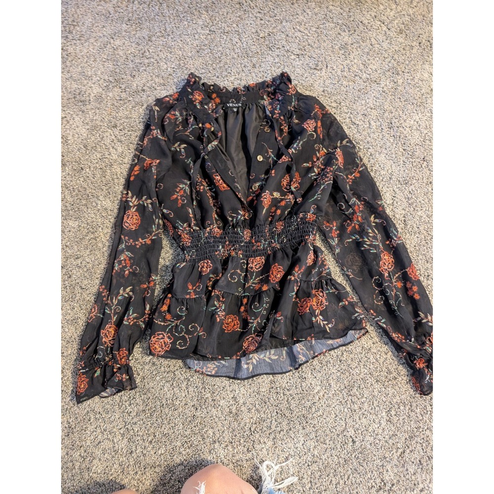 Venus Black Floral Print Ruffle Neck Smocked Waist Peplum Blouse Women's Medium